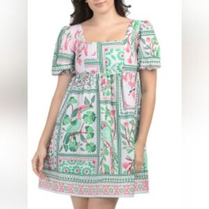 NWT CELINA MOON Puff Sleeve Tile Print Mini Dress Tropical Parrot